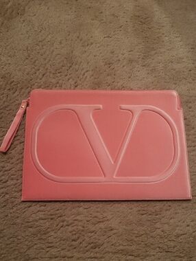 Valentino Coral Pink Embossed V Leather Clutch